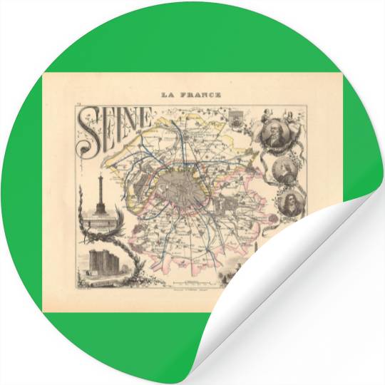 1858 Map of Seine Department, Paris France Stickers