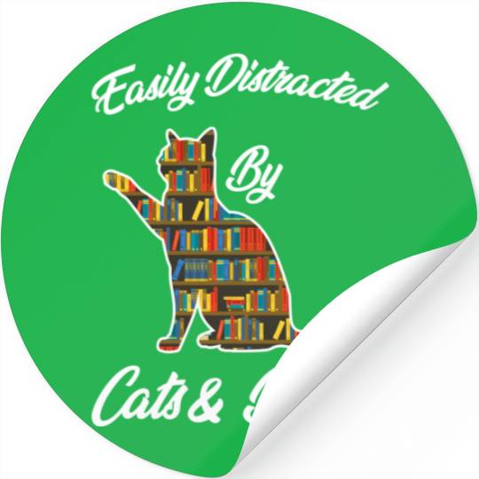 Easily Distracted by Cat & Books Animal Lover Stickers