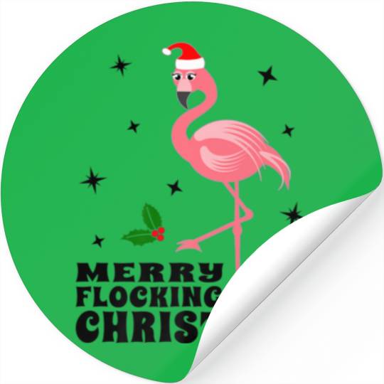 Merry Flocking Christmas Pink Flamingo Santa Chris Stickers